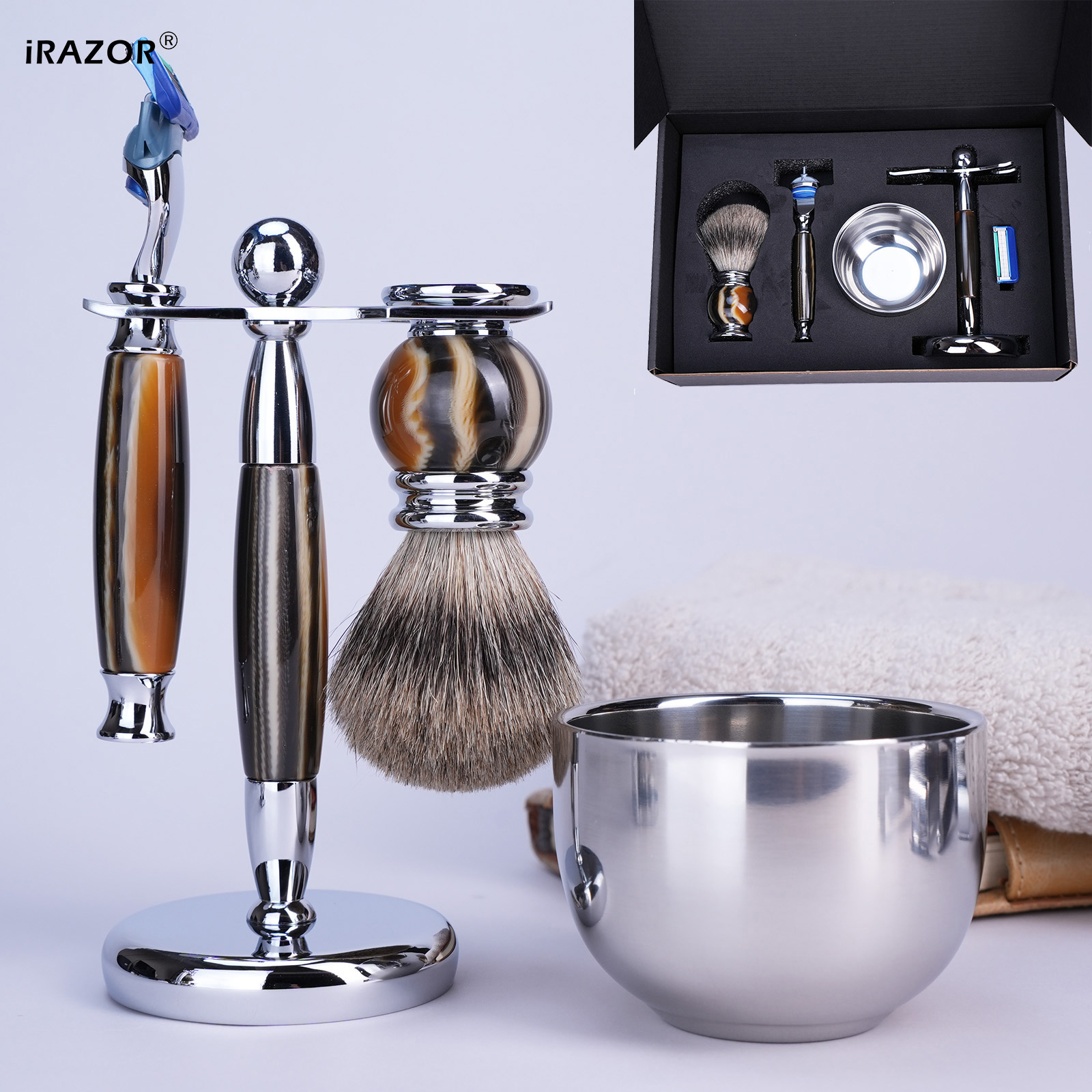 Shaving Brush Set - iRAZOR Luxury 5-Blade F5 Fusion Razor